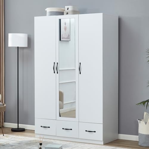 Rattan Armoire Wardrobe Closet Wood 71" Tall with 3 Doors 4 Drawers Mirror Hanging Rod and Shelves A799474
