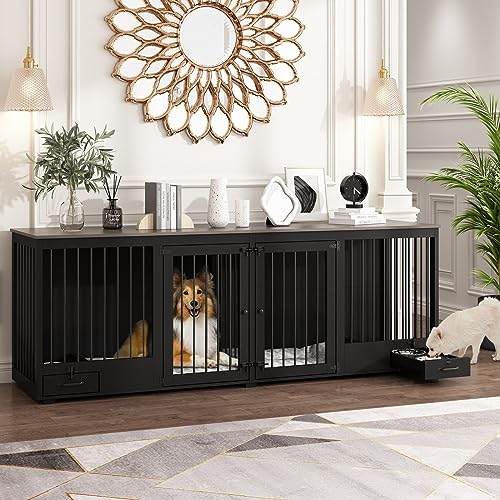 Black Heavy Duty Wooden Dog Crate with Dog Bowl Drawers & Divider P593