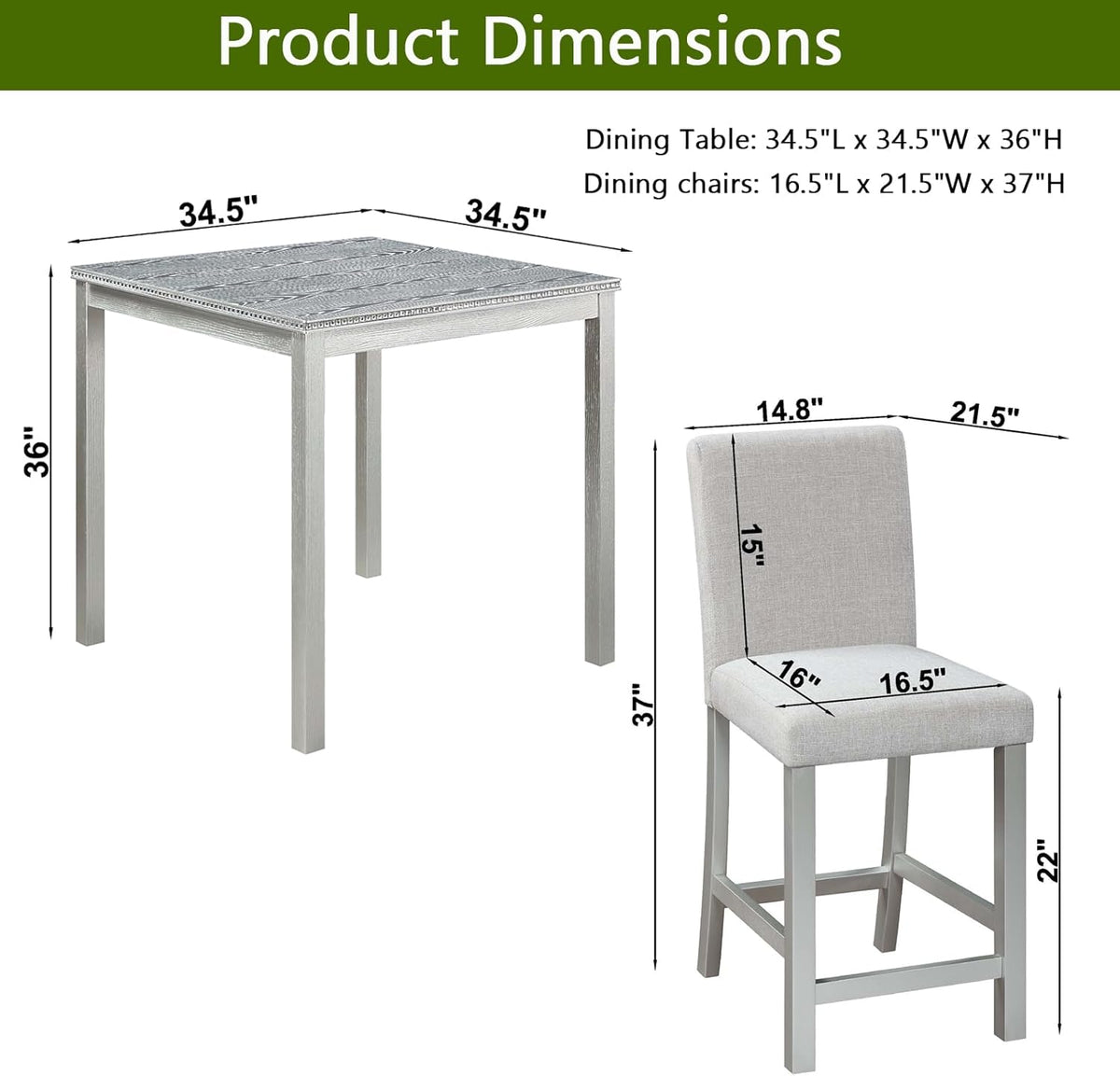 5-Piece Acacia Wood Counter Height Dining Table Set with 4 Upholstered-Seat Chairs J91026