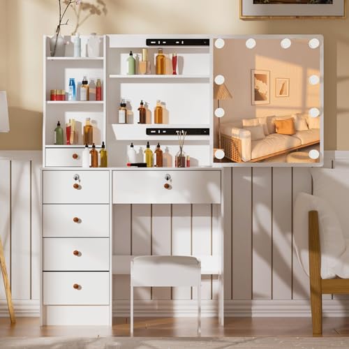 White Vanity Desk with Mirror, Lights, and Drawers with Cushioned Stool S2103