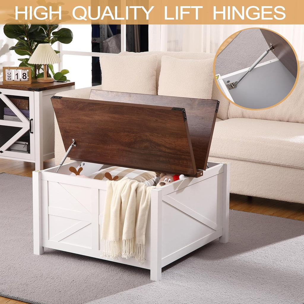 Farmhouse Square Coffee Table with Large Hidden Storage Compartment F5719