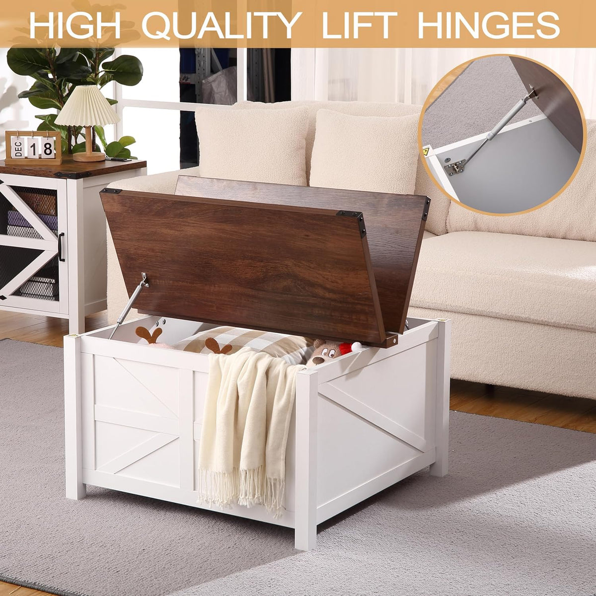 Farmhouse Square Coffee Table with Large Hidden Storage Compartment F5719