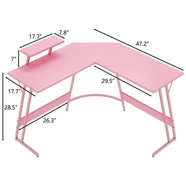 Pink 47 Inch L Shaped Computer Desk with Carbon Fiber Surface P785832