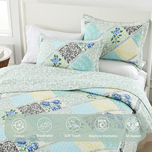 Blue Grey 100% Cotton Queen Size 3-Pieces Quilt Bedding Set O789500