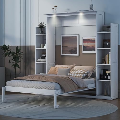 White Full Size Wood Murphy Bed with Shelves and Led Lights U697