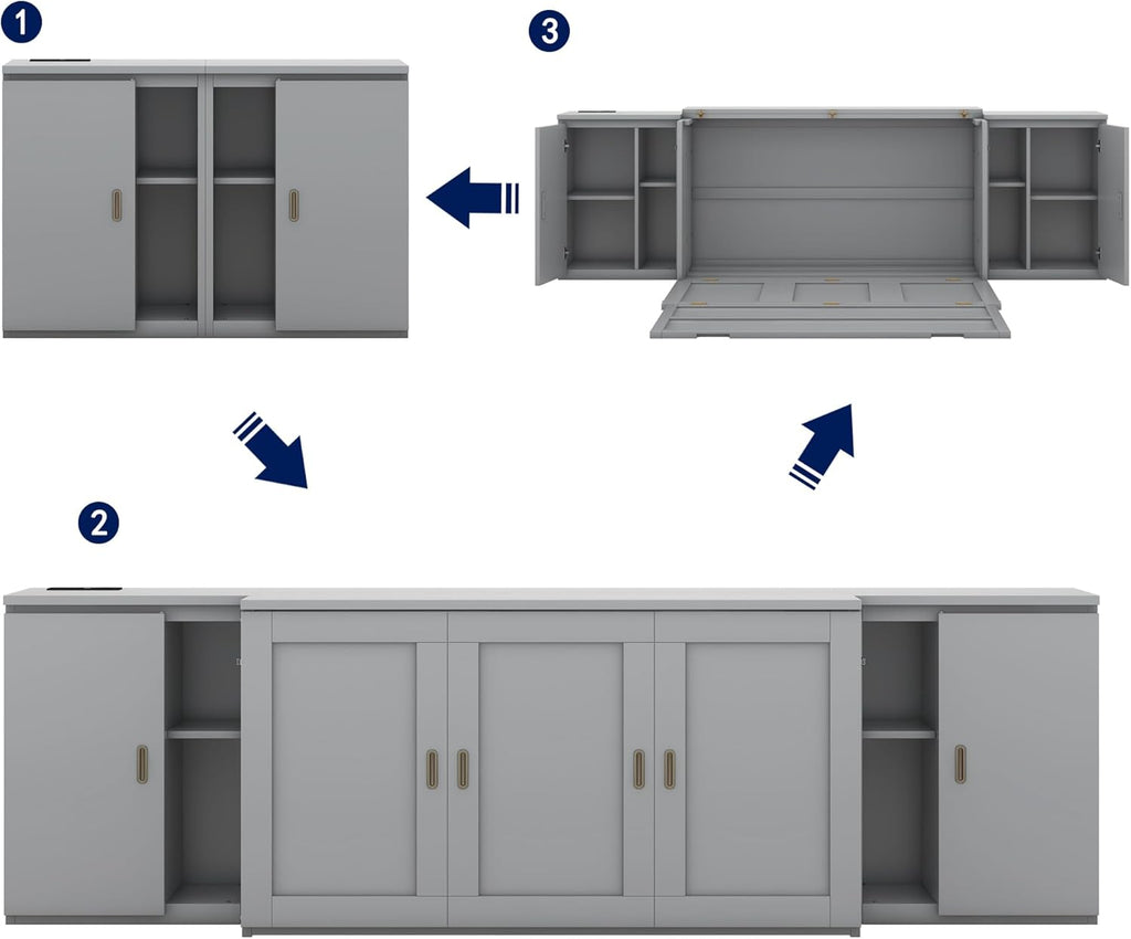 Queen Size Gray Murphy Wall Bed with Shelves and Cabinets D598