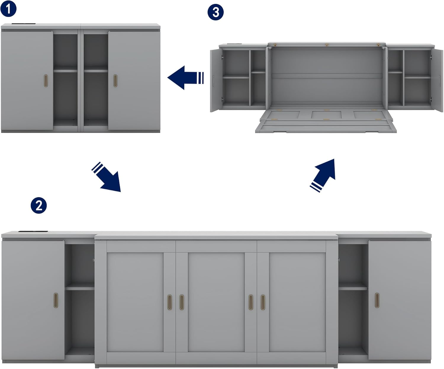 Queen Size Gray Murphy Wall Bed with Shelves and Cabinets D598