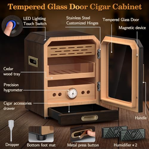Lighted Magnetic Door Desktop Cigar Humidor Cabinet with Drawer, 3 Layer, Brown K8154