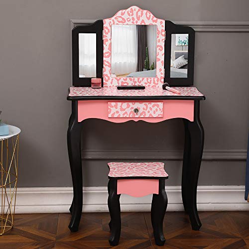 Pink Kids Vanity Table and Chair Set with Tri-Folding Mirror Y776