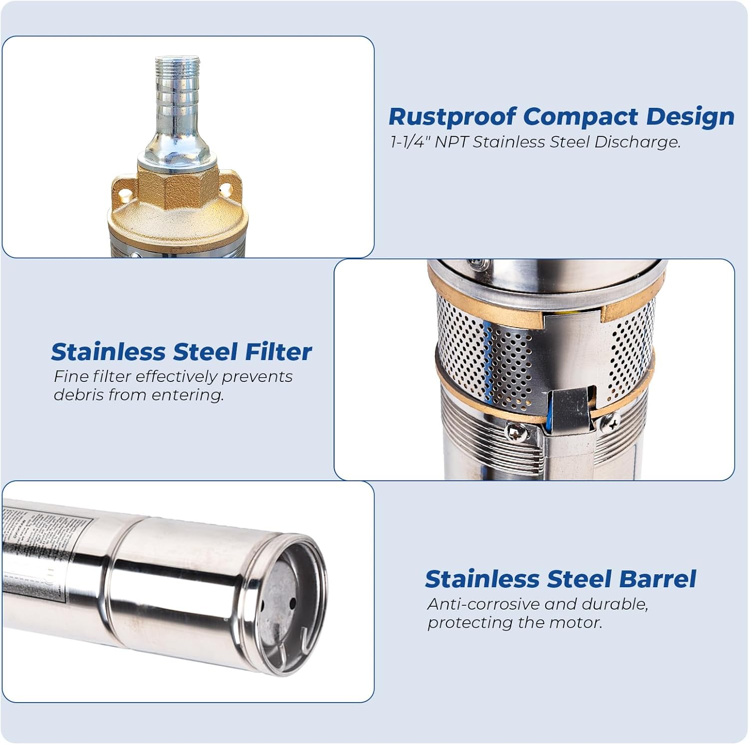 1HP 220V 60HZ 0.75KW Stainless Steel Submersible Well Pump, 1.25" Outlet, 33GPM 207ft Head M9686