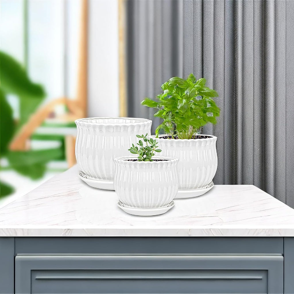 Ceramic Flower Plant Pots with Saucer, Set of 3 in Different Sizes Q396