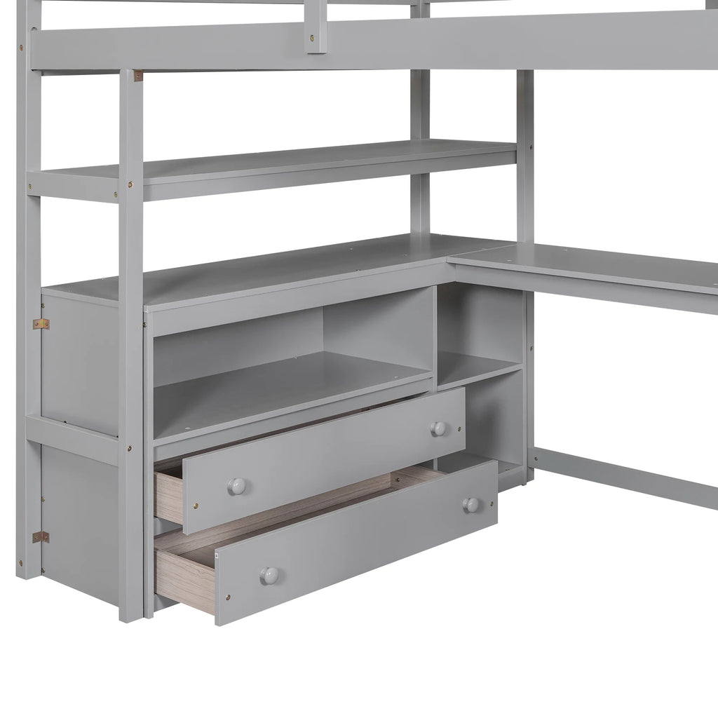 Full Wood Loft Bed with Desk, Storage Stairs, Two Drawers C833