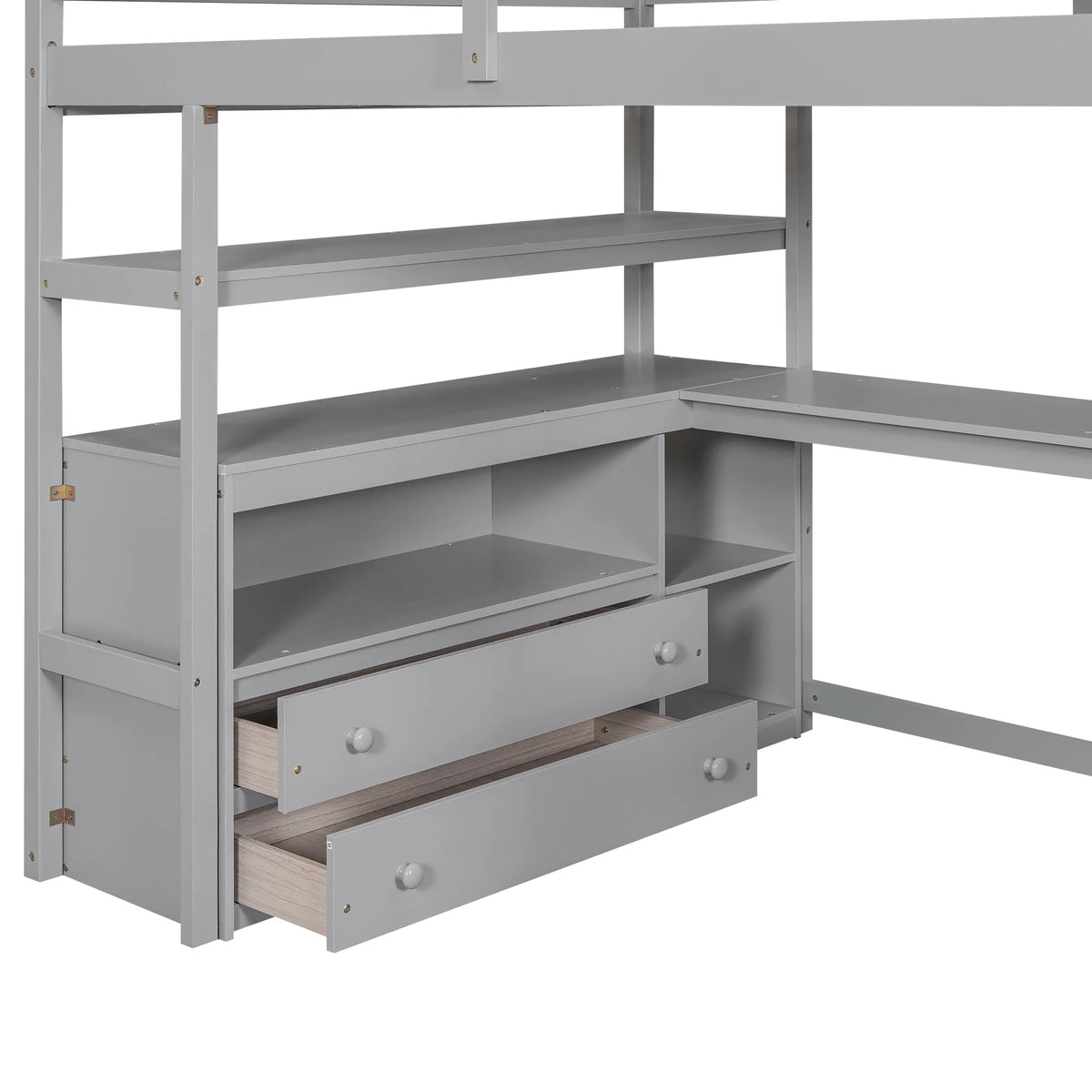 Full Wood Loft Bed with Desk, Storage Stairs, Two Drawers C833