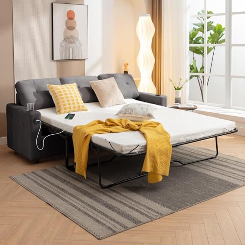 Beige Queen Pull Out Sofa Bed with Memory Foam Mattress N53835