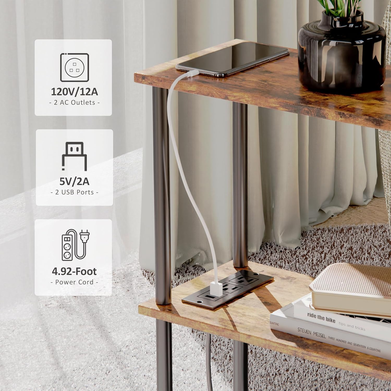 3-Tier Narrow Side Table with Charging Station Y561229