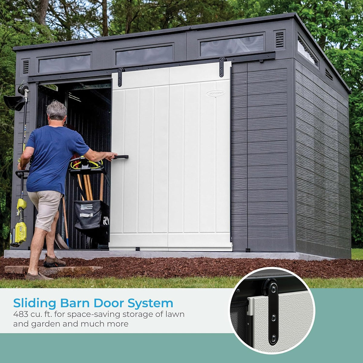 Gray and Black 10 Foot by 7 Foot Outdoor Plastic Storage Shed with Sliding Barn Door A552