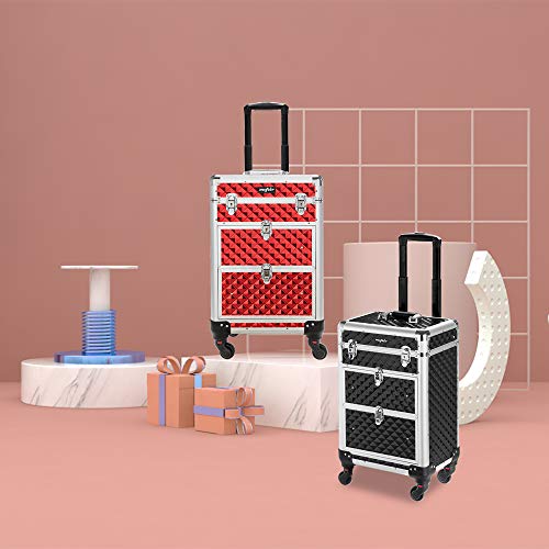 Red Rolling Makeup Train Case with 4 Removable Wheels & 2 Sliding Drawers T19995