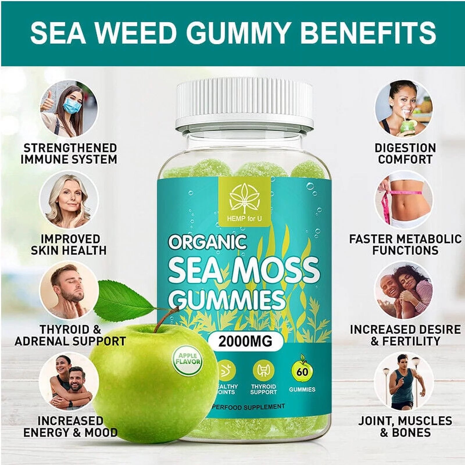 Organic Sea Moss Gummies, 2000mg 60 Capsule H58489