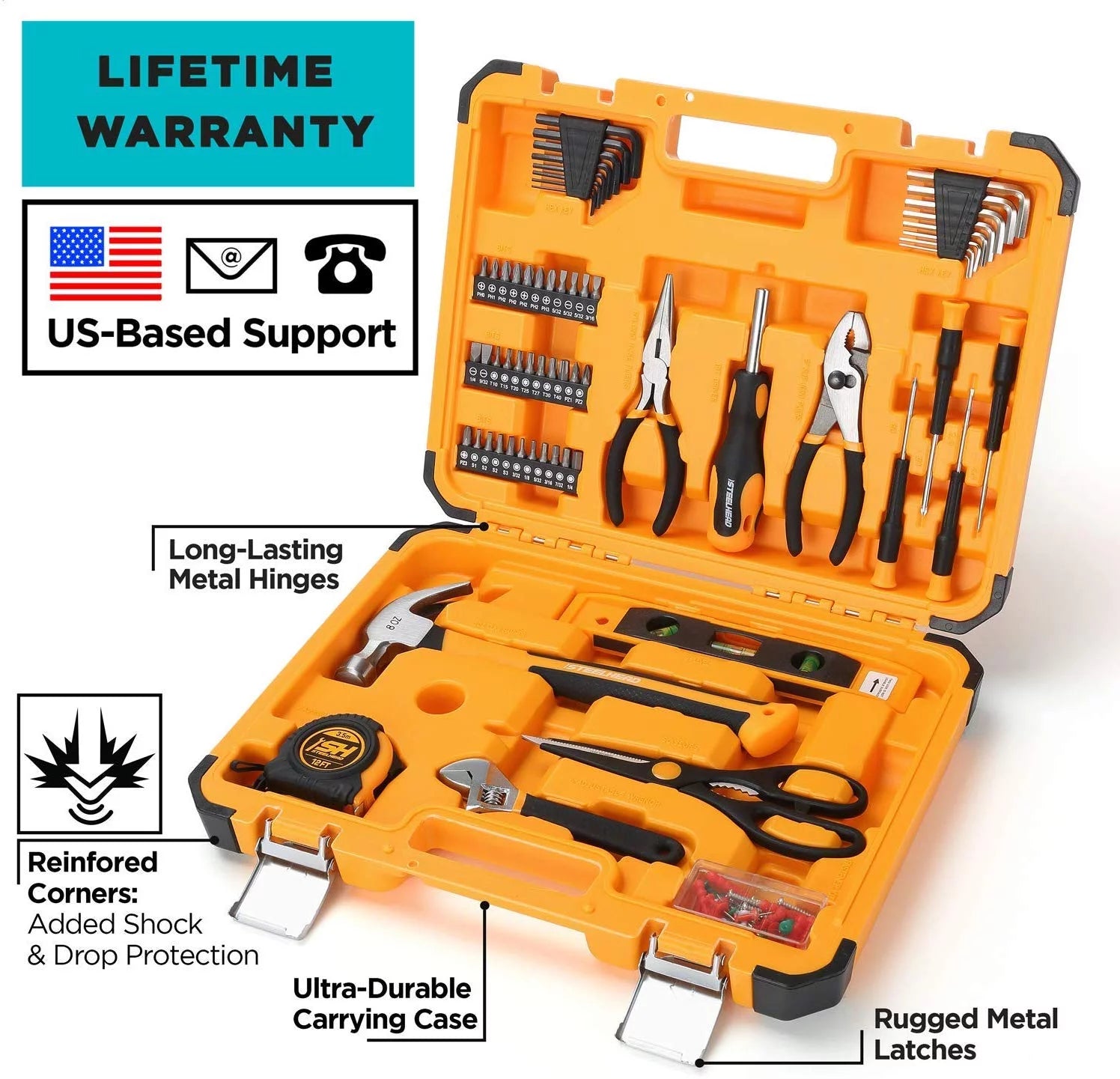 62-Piece Tool Set with Screwdriver Handle, 33 Bits, Pliers, Tape Measure, Torpedo Level, Hammer, Scissors, Wrench, Reinforced Case C429067