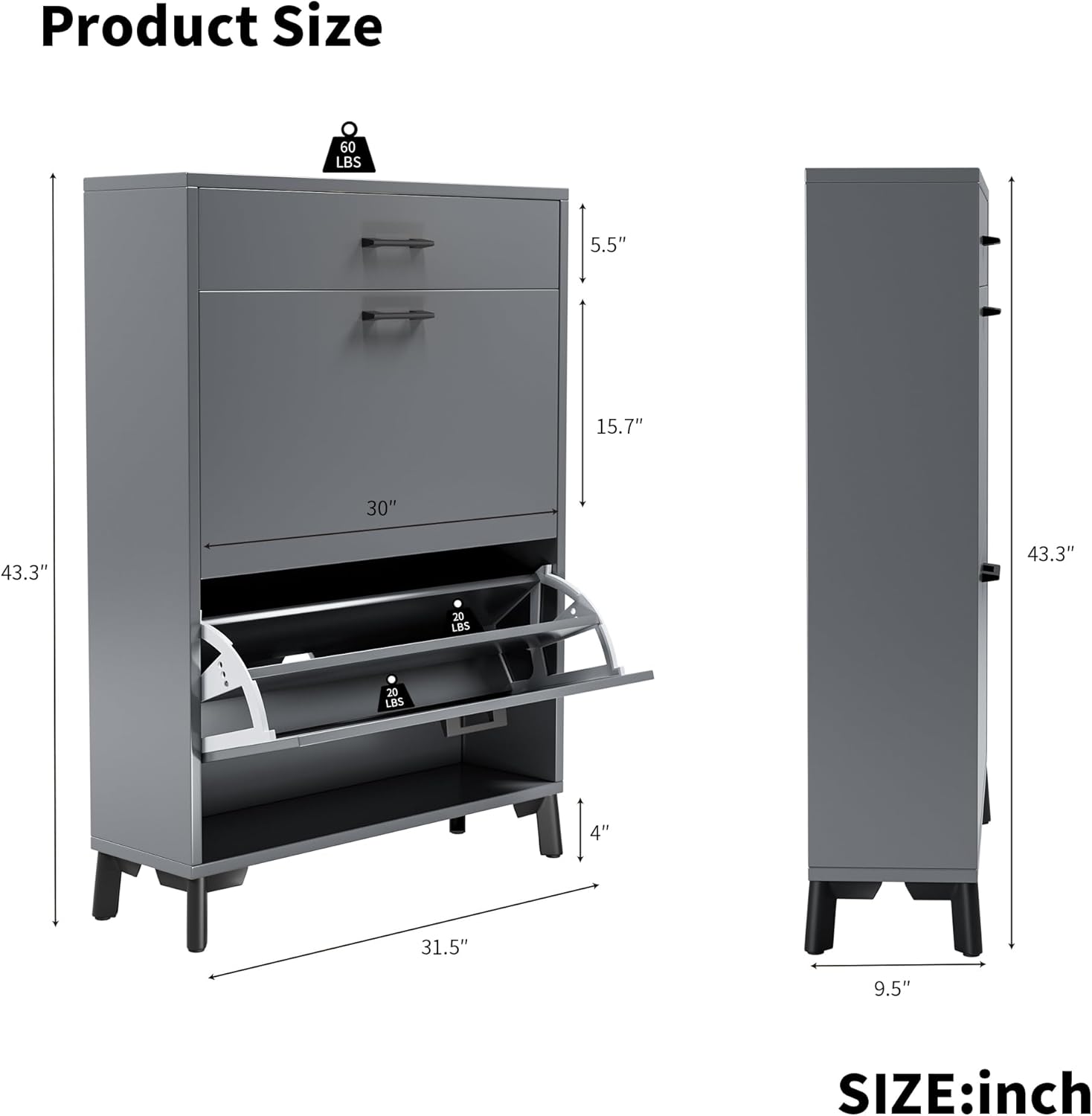 Gray 32" Slim Shoe Storage Cabinet N453