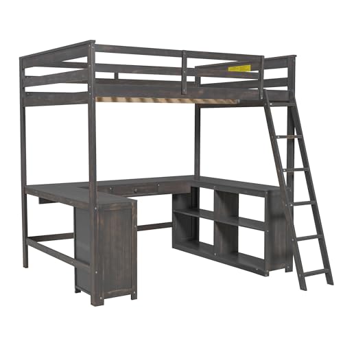 Full Size Solid Wood Loft Bed with Desk and Storage Drawers (White) H419763