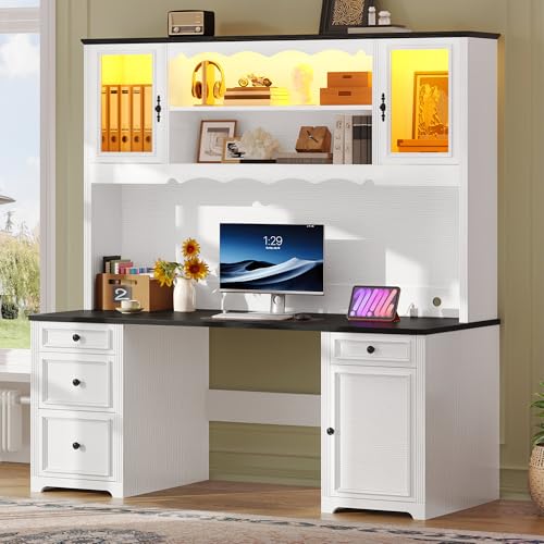 White & Black Executive Desk with Hutch and Drawers, Power Outlet & LED Lights, Storage Shelves, Storage Cabinet with Glass Door C7381