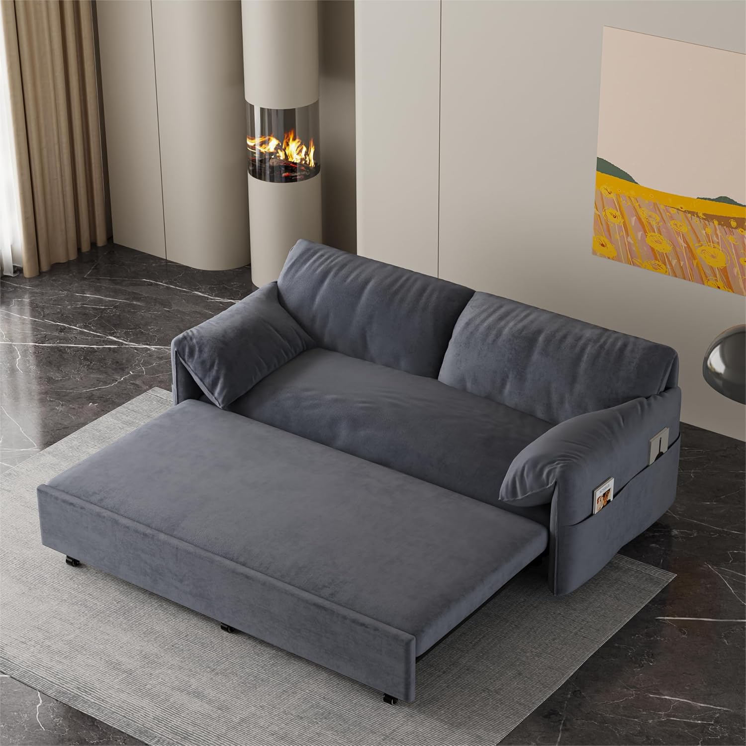 63.8" Queen Pull Out Velvet Sofa Bed with 2 Pillows Y3833