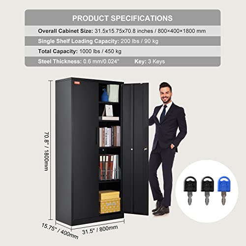 Black Metal Storage Cabinet with 2 Doors and 4 Adjustable Shelves W33070