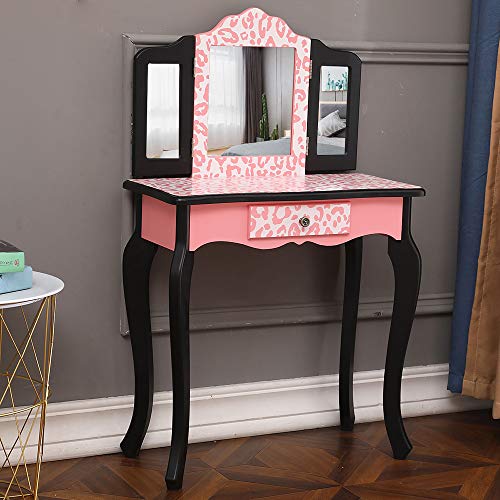 Pink Kids Vanity Table and Chair Set with Tri-Folding Mirror Y776