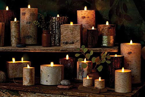Flameless Candle Pillar with Real Birch Bark Moving Flame LED Battery Operated Lights Unscented (3.5 x 4.5-inch) U830