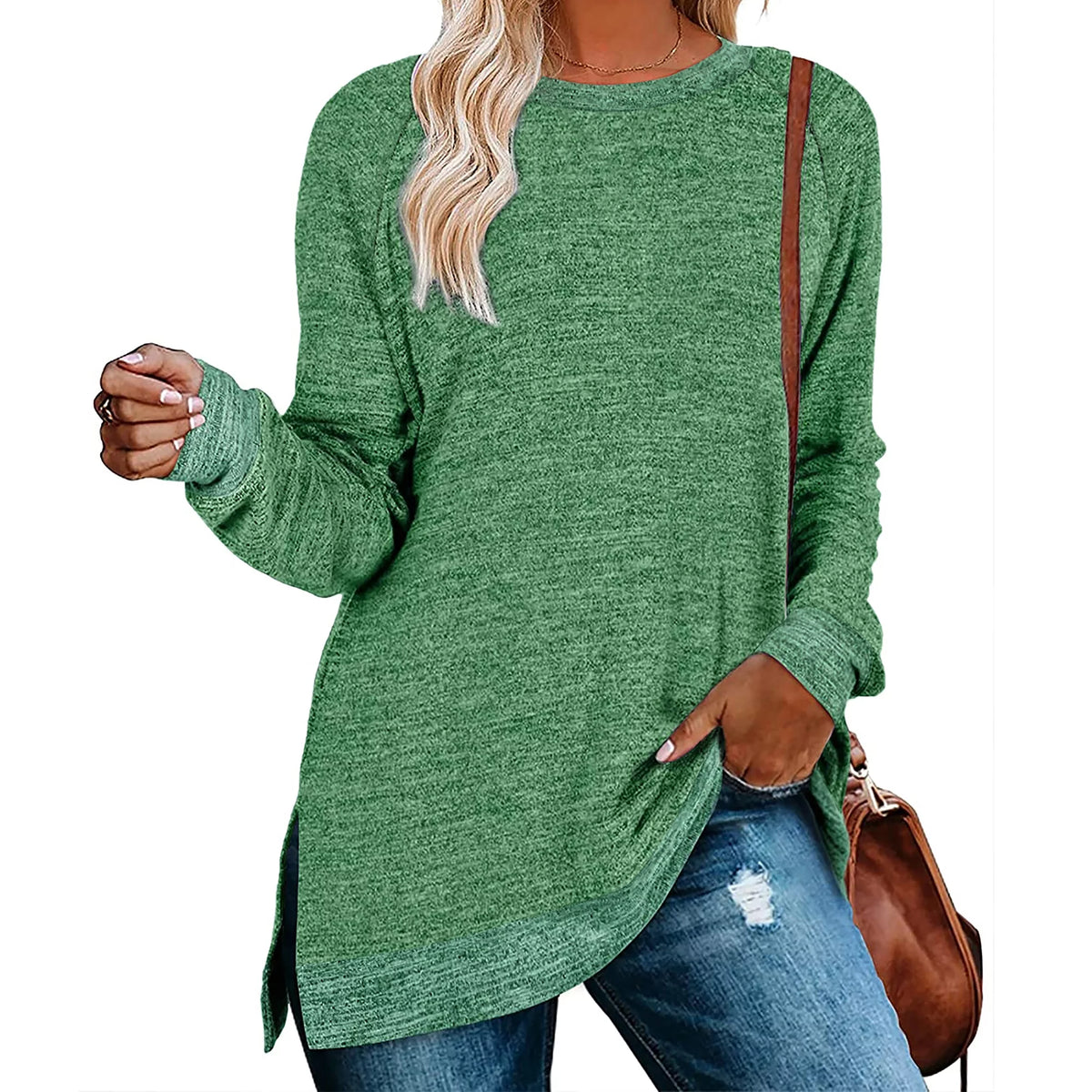 Green Long Sleeve Color Block Tunic Tops W3318