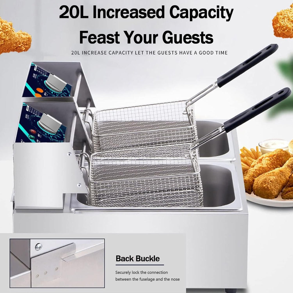 20L Electric Double-Cylinder Stainless Steel Deep Fat Fryer with 2 Fry Basket And Lid T65023