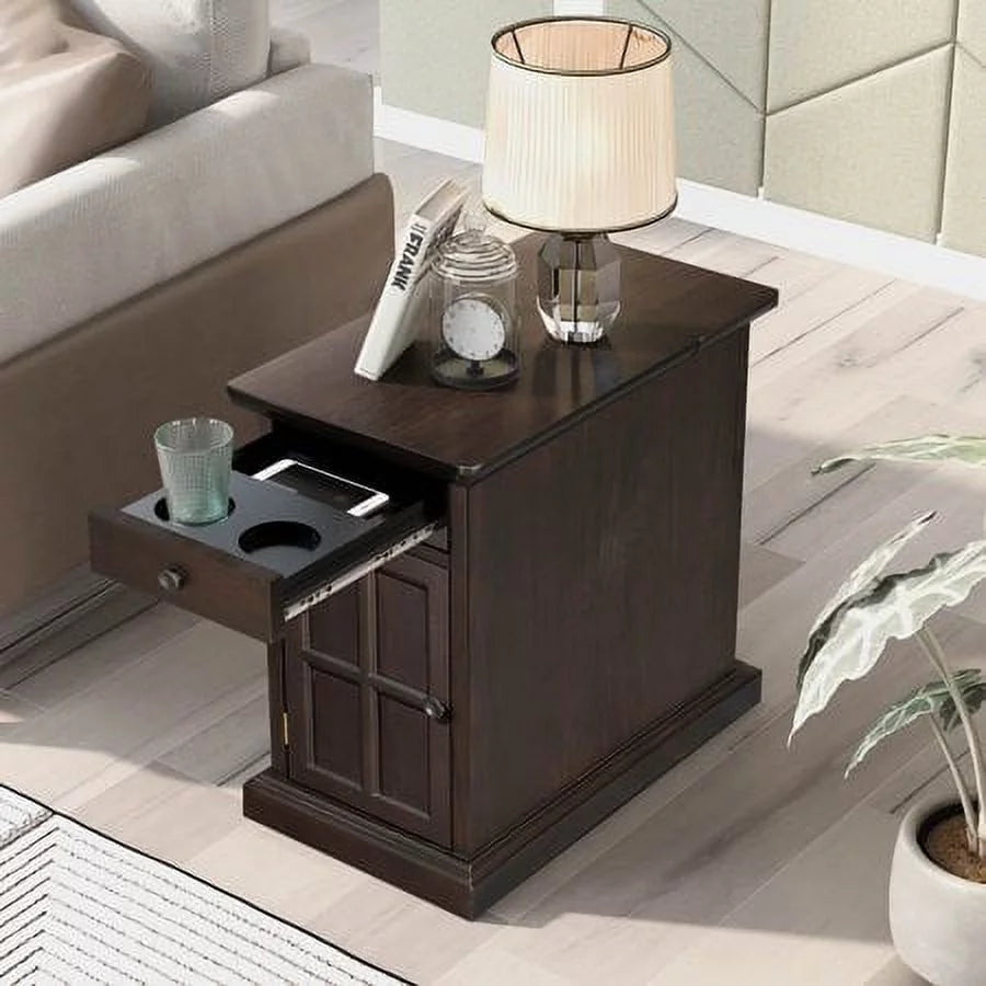 Antique Espresso End Table with USB Ports Drawer and Cup Holders G555681
