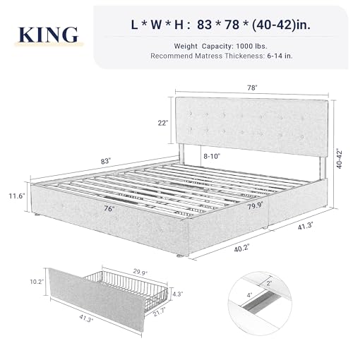 Light Grey Queen Size Platform Bed Frame with 4 Storage Drawers R722