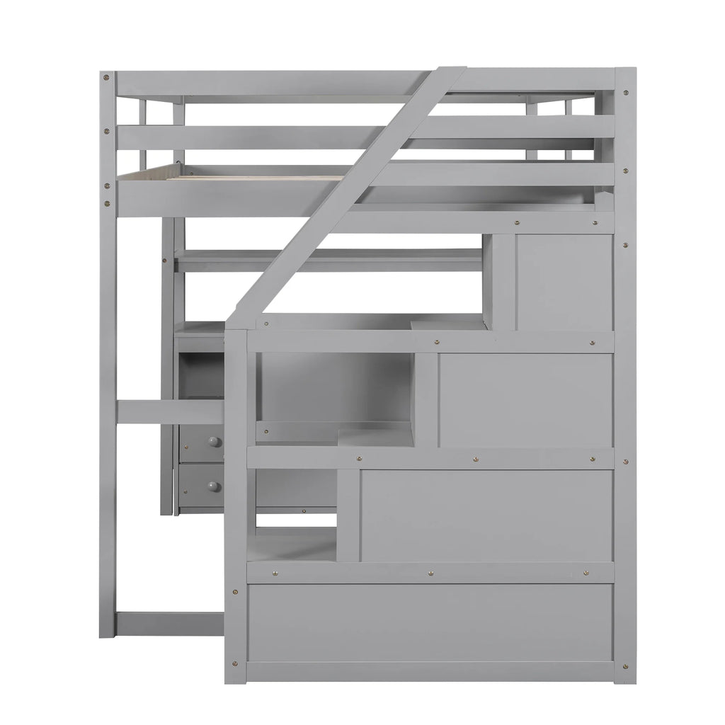 Full Wood Loft Bed with Desk, Storage Stairs, Two Drawers C833