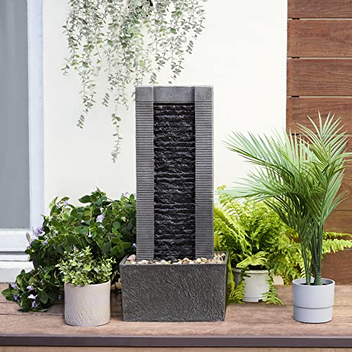 Gray Water Fountain with LED Lights and Pebble Stones, 29.25 inch Tall P404