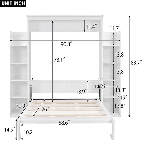 White Full Size Wood Murphy Bed with Shelves and Led Lights U697