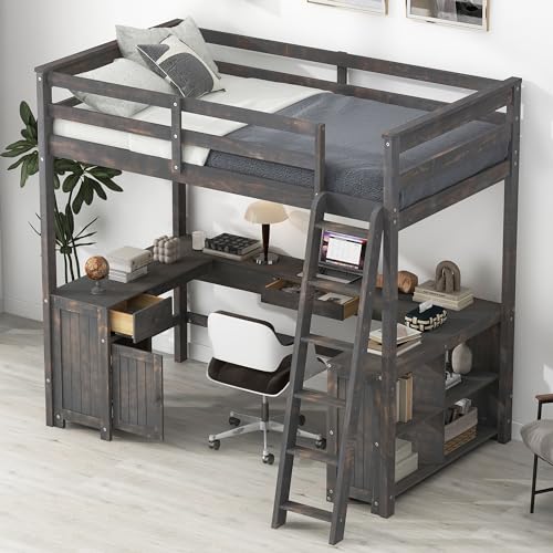 Full Size Solid Wood Loft Bed with Desk and Storage Drawers (White) H419763