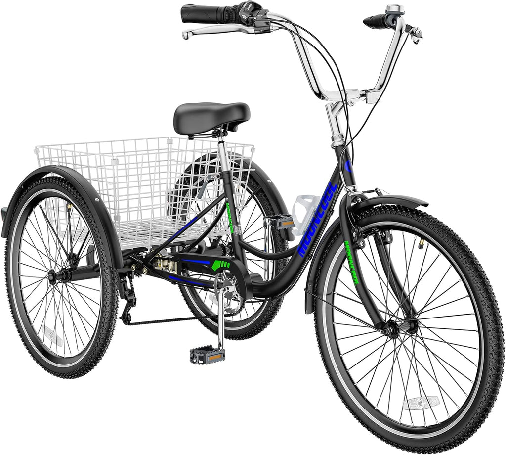 26" Black with Blue 7 Speed 3 Wheel Adult Tricycle with Basket F61544