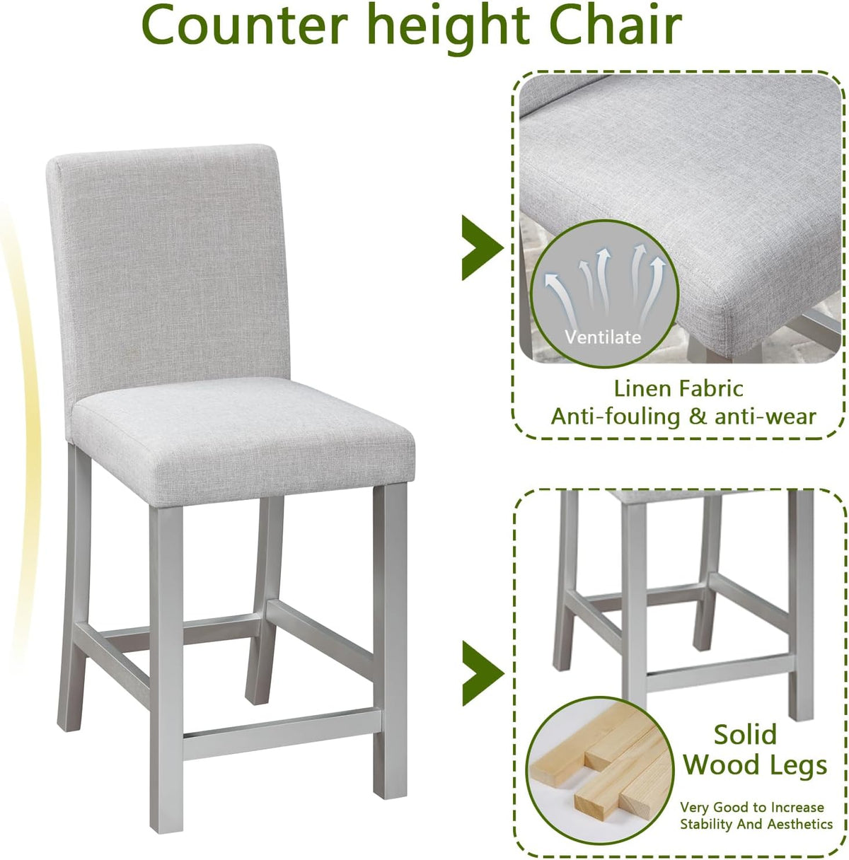 5-Piece Acacia Wood Counter Height Dining Table Set with 4 Upholstered-Seat Chairs J91026