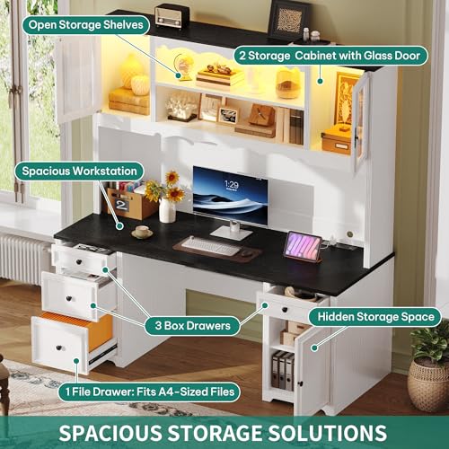 White & Black Executive Desk with Hutch and Drawers, Power Outlet & LED Lights, Storage Shelves, Storage Cabinet with Glass Door C7381