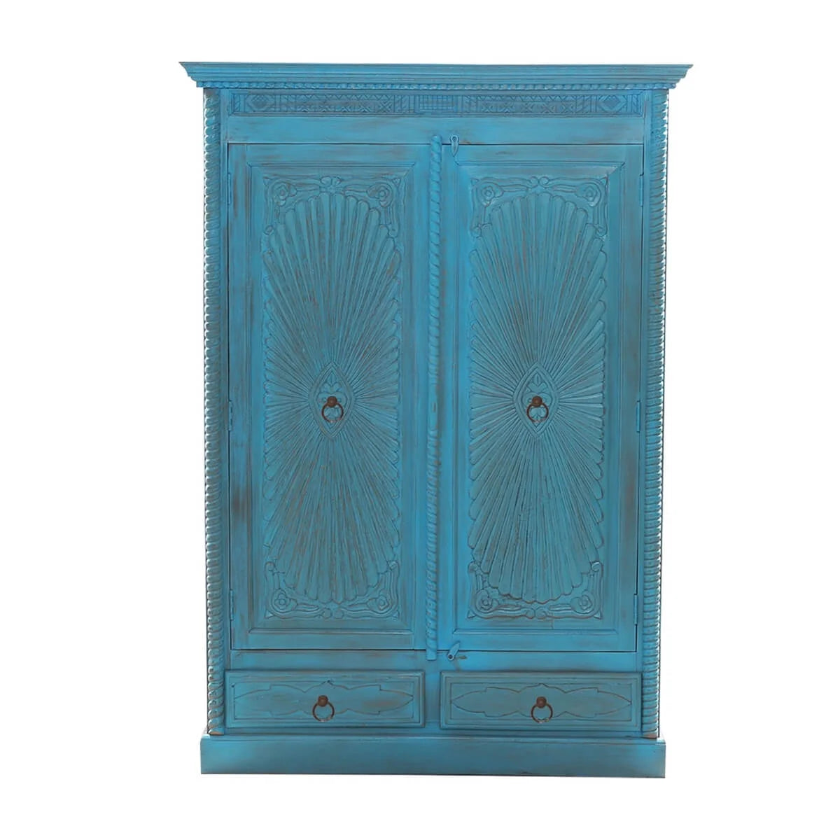 Turquoise Hand Carved Solid Wood 2 Drawer Armoire D853
