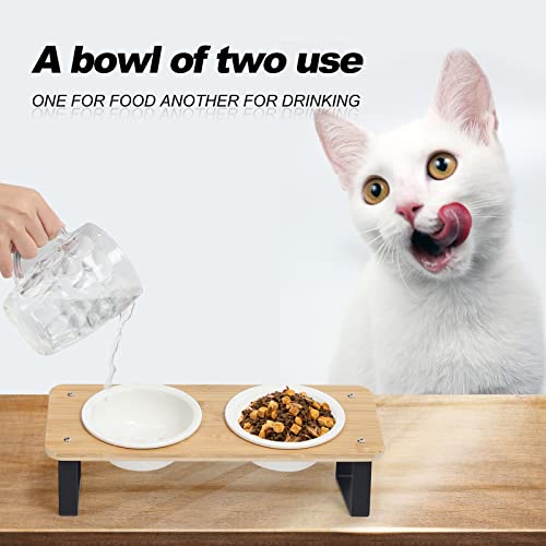 Ceramic Cat Bowl with Stand 15° Tilted Raised Cat Bowl Bamboo Cat Feeding Station Z2630