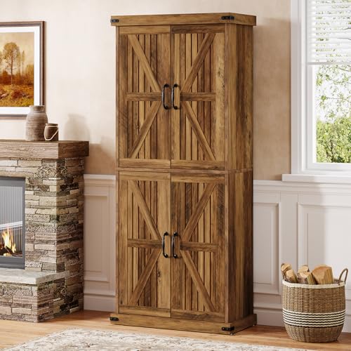 71" Tall Kitchen Pantry, Farmhouse Storage Cabinet with Barn Doors and Adjustable Shelves, Rustic Wooden Cupboard, Brown S3407