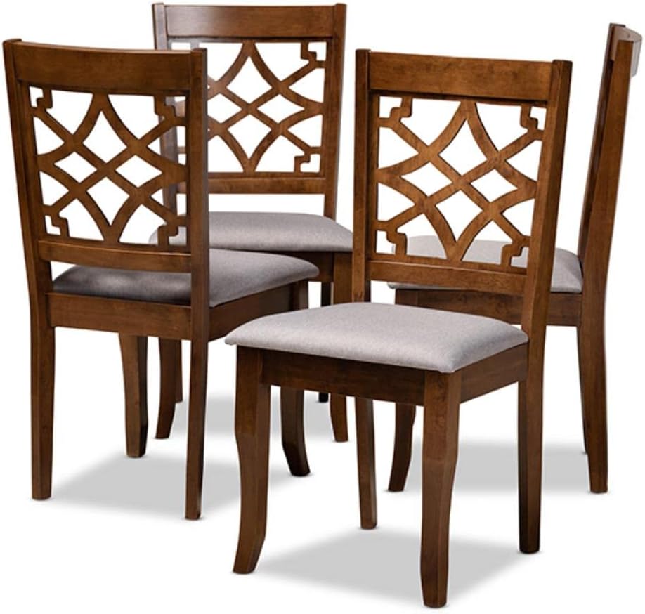 Grey Fabric Upholstered Walnut Brown Wood 4-Piece Dining Chair Set C312