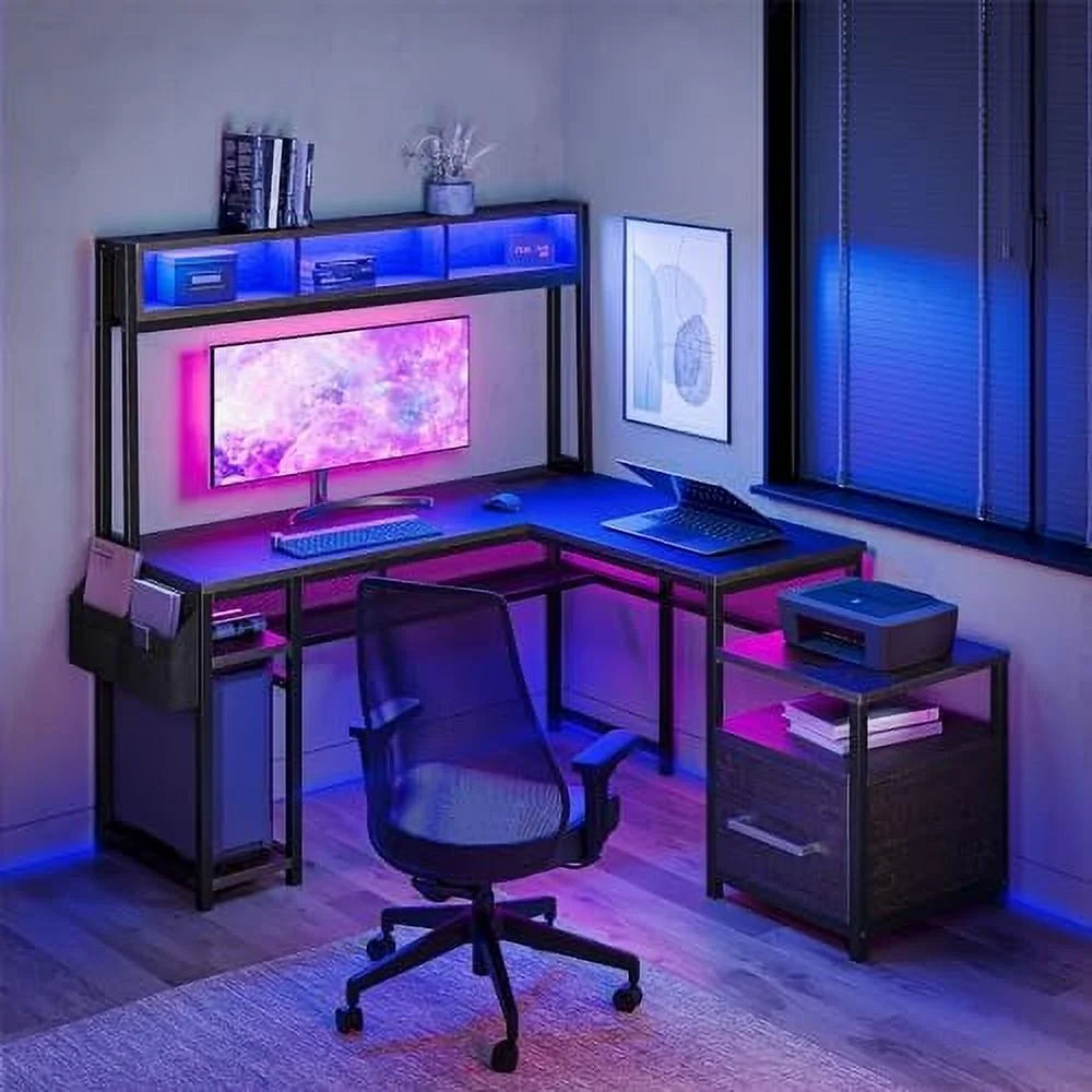 Computer Desk with Monitor Stand and File Cabinet, 104" Long L-Shaped Desk with RGB LED Lights and USB AC Outlet D5700