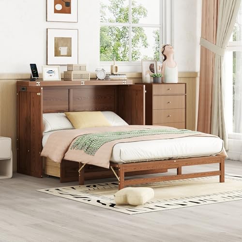 Queen Size Walnut Cabinet Murphy Bed with Drawer V4040