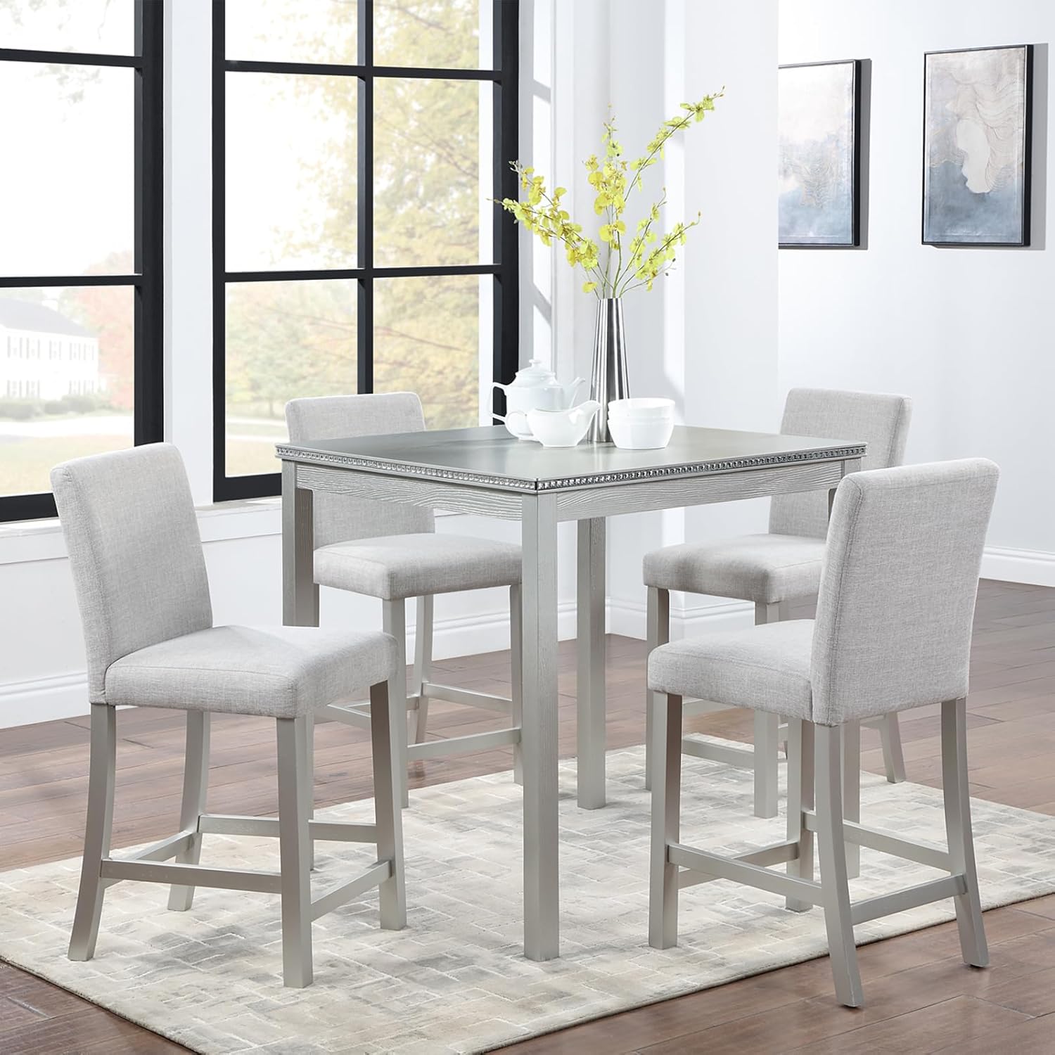 5-Piece Acacia Wood Counter Height Dining Table Set with 4 Upholstered-Seat Chairs J91026
