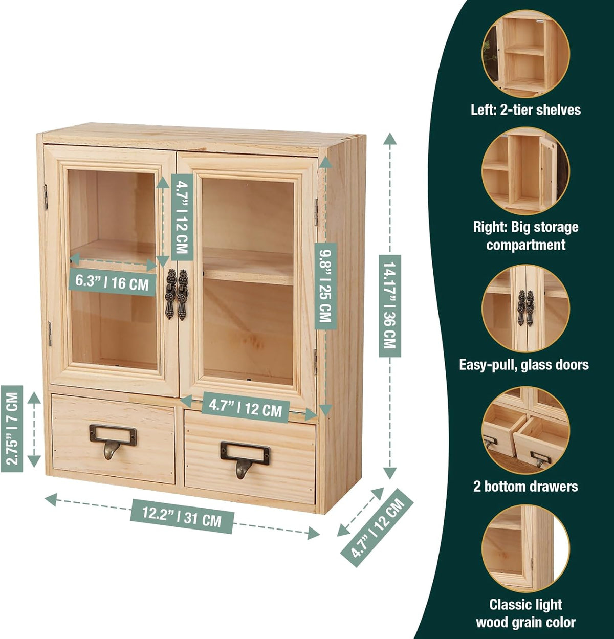 Mini Table Top Storage Cabinet with Clear Glass Doors, 2 Bottom Drawers, Light Wood Grain A117
