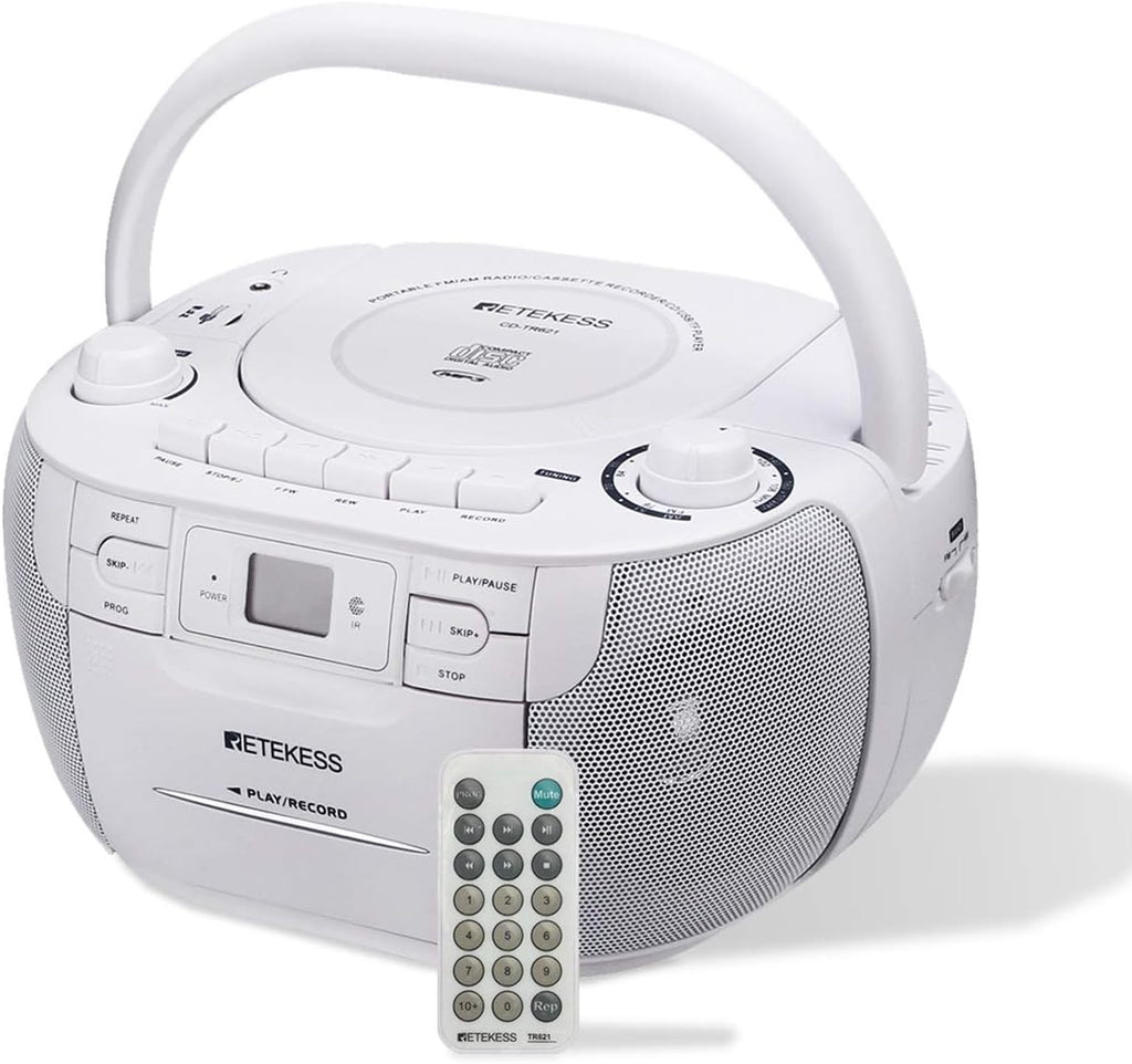 White Portable CD and Cassette Player Boombox with AM FM Radio H2971